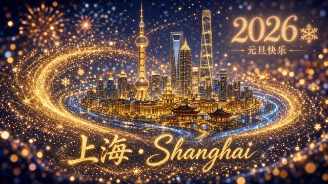 渐变色 image example: 粒子光效的上海地标微缩景观海报