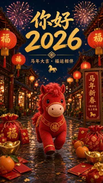 布艺织物 image example: 温馨治愈风的红色毛绒小马迎福海报