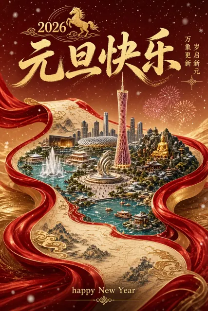 科技感 image example: 微缩立体场景的广州地标新年海报