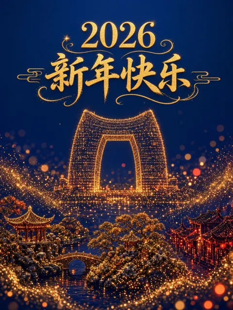 梦幻唯美 image example: 粒子光点构成的苏州地标新年插画