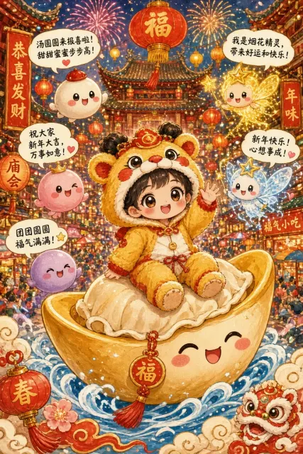 布艺织物 image example: Q版新年福娃的童话庙会手绘插画
