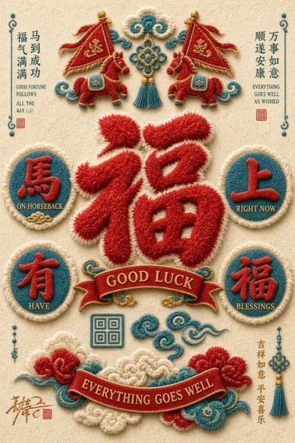 居中对称 image example: 毛绒国潮风格的中国红福字新年海报