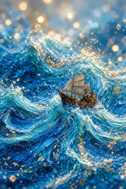 低饱和莫兰迪 image example: 蓝色颜料纹理战船梦幻油画插画