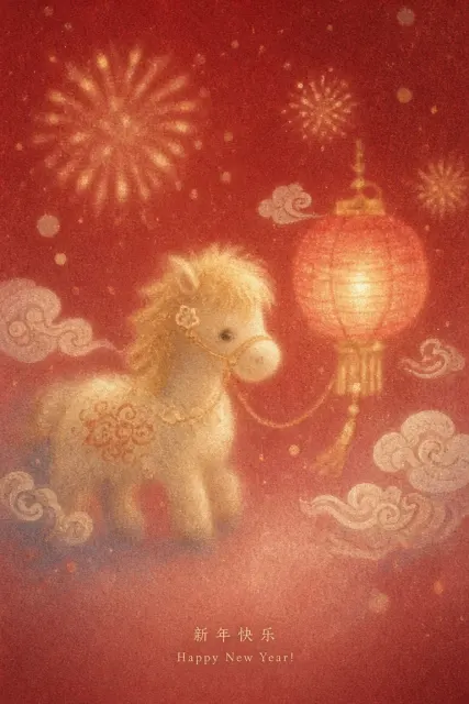 清新自然 image example: 极简暖金颗粒小马灯笼新年插画