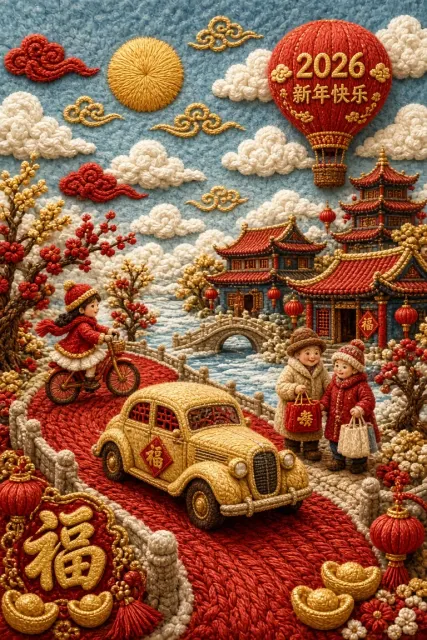 交通工具 image example: 立体刺绣新年童话小镇插画