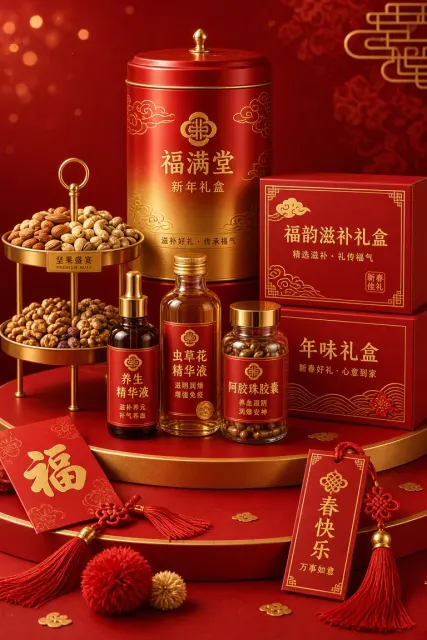 玻璃水晶 image example: 新年礼盒滋补食品组合陈列设计