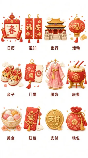 低饱和莫兰迪 image example: 春节文旅功能图标扁平化设计