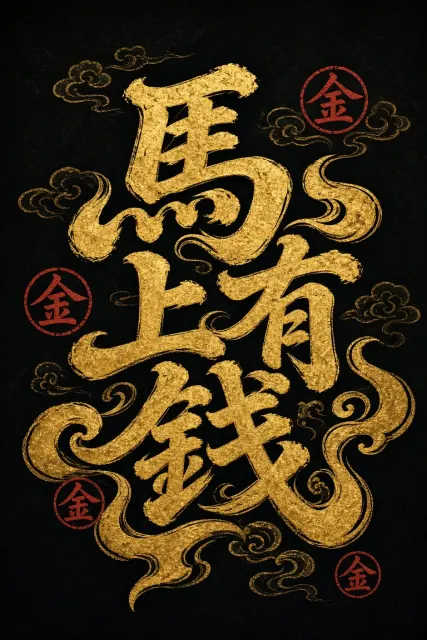 涂鸦 image example: 黑色底鎏金馬上有钱艺术字设计