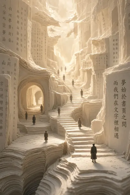 梦幻唯美 image example: 超现实纸艺书籍文字峡谷装置