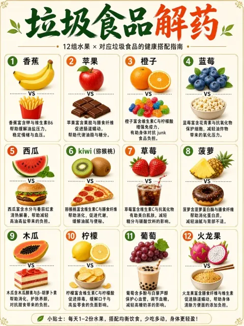 PPT模板 image example: 垃圾食品解药水果搭配信息图
