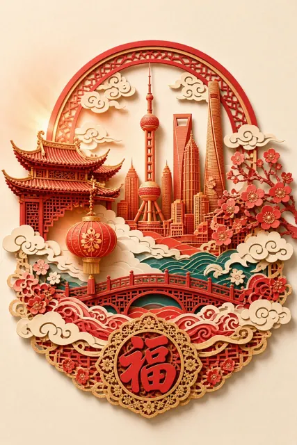特写 image example: 剪纸纸雕上海城市地标海报