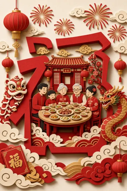 纸质 image example: 立体剪纸福字新年微缩插画