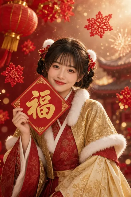 电影感 image example: 红金改良汉服少女新年写真
