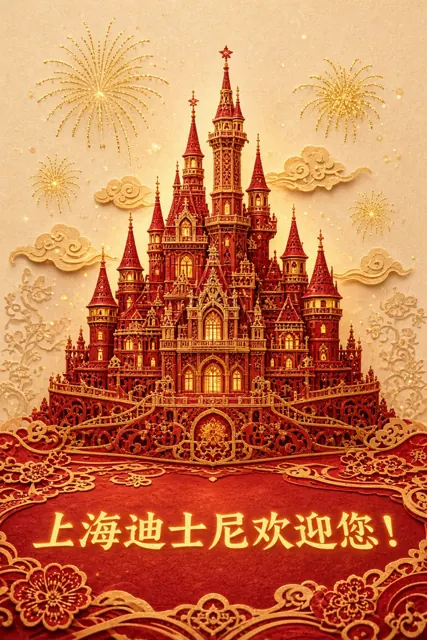 霓虹光效 image example: 非遗剪纸上海迪士尼城堡海报