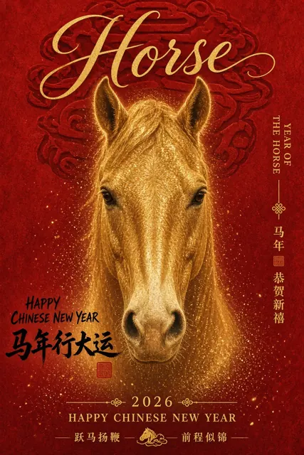 文字排版 image example: 马年金色马首特写新春海报