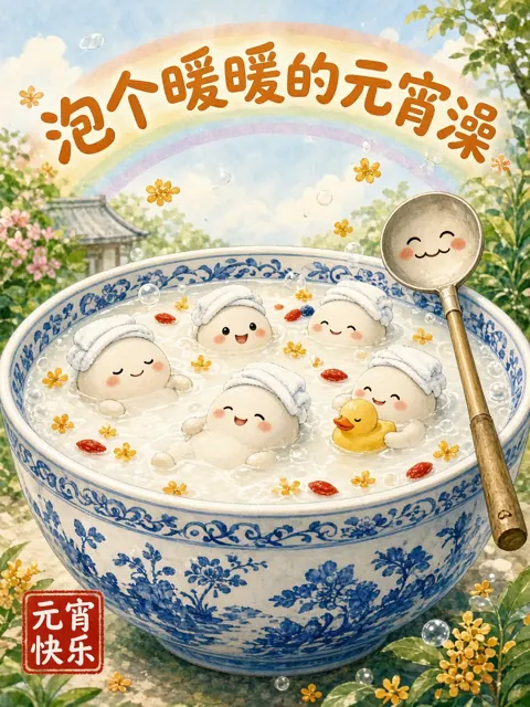 自然风景 image example: 宫崎骏风元宵宝宝温泉插画