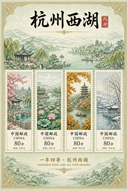 壁纸 image example: 钢笔版画西湖四季邮票设计