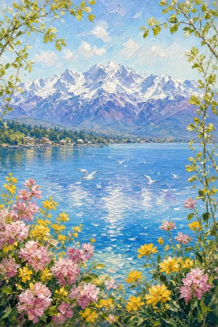 冷色调 image example: 厚涂印象派苍山洱海春日湖畔油画