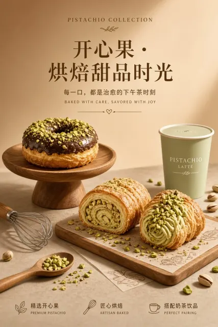 逆光 image example: 开心果主题高端烘焙甜品海报