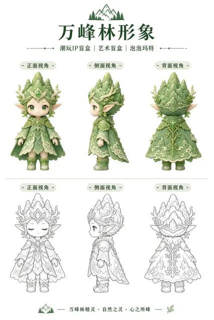 黑白单色 image example: 万峰林精灵IP潮玩盲盒三视图