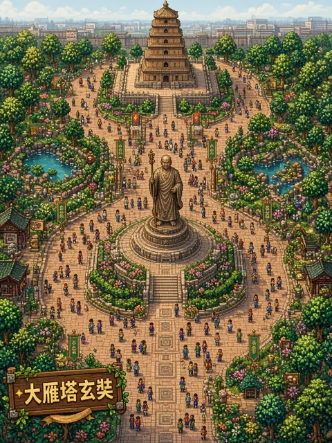 全景远景 image example: 星露谷像素风大雁塔玄奘场景图
