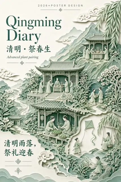 清新自然 image example: 新中式多层剪纸清明节气海报
