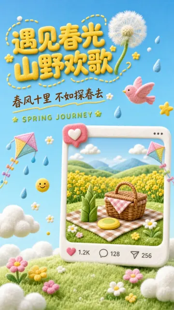 二次元动漫 image example: 3D毛绒质感春日踏青海报