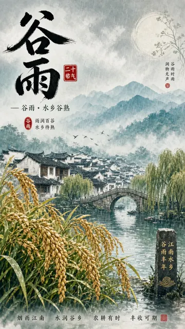 文字排版 image example: 新中式国风谷雨水乡插画海报