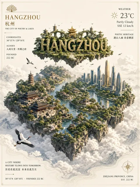 文字排版 image example: 微缩岛屿风的杭州城市数字艺术海报