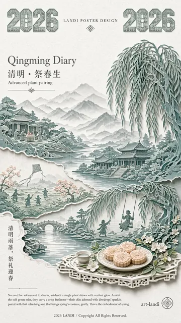 植物花卉 image example: 立体多层剪纸风格的清明江南民俗画