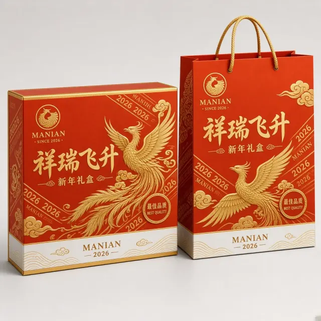 包装设计 image example: 烫金凤凰国潮风的新年礼盒设计