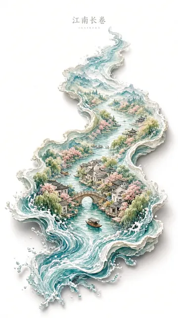 国潮风 image example: 立体质感江南长卷国风插画