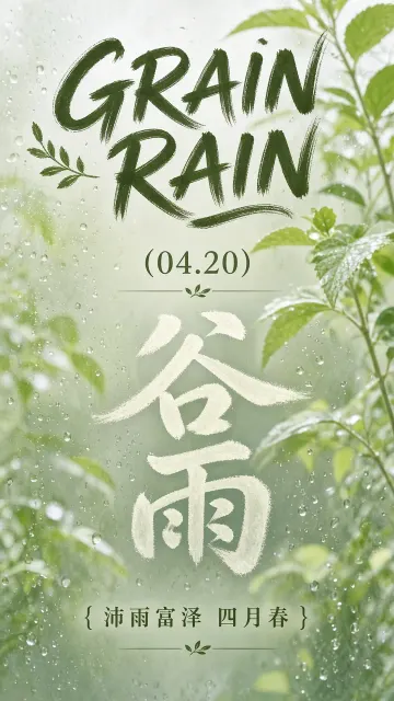 冷色调 image example: 谷雨节气雨珠玻璃雾气书法海报
