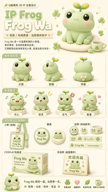 低饱和莫兰迪 image example: Q版萌系3D小青蛙IP形象设计