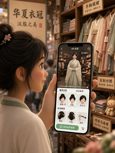 写实摄影 image example: 皮克斯风格的汉服AR试穿场景插画
