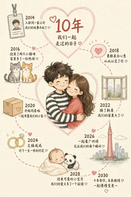素描线稿 image example: 手绘涂鸦风格的情侣十年纪念时间轴画