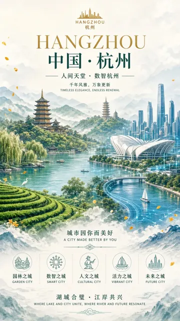 自然风景 image example: 杭州人间天堂城市宣传海报