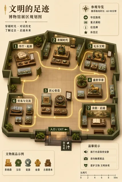 俯视航拍 image example: 卡通微缩沙盘博物馆展区规划图