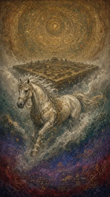 冷色调 image example: 岩彩仙界天马浴日壁画插画