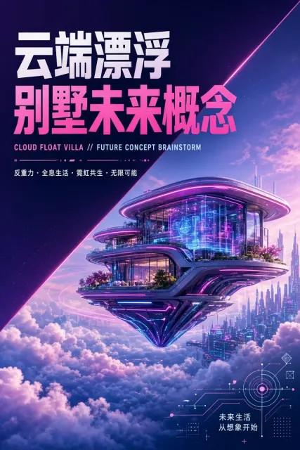 封面 image example: 霓虹全息漂浮别墅脑暴封面