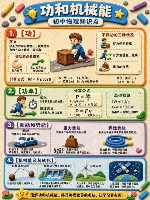 交通工具 image example: 黏土风初中物理功和机械能科普海报