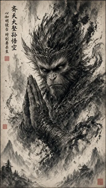 活力动感 image example: 黑白水墨孙悟空祈祷电影感插画