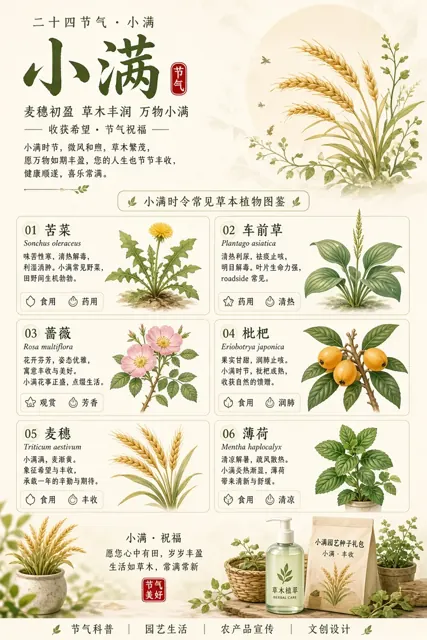 产品包装 image example: 小满节气植物图鉴国风海报设计