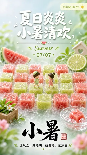 清新自然 image example: 微缩景观小暑西瓜青柠冰块键盘海报