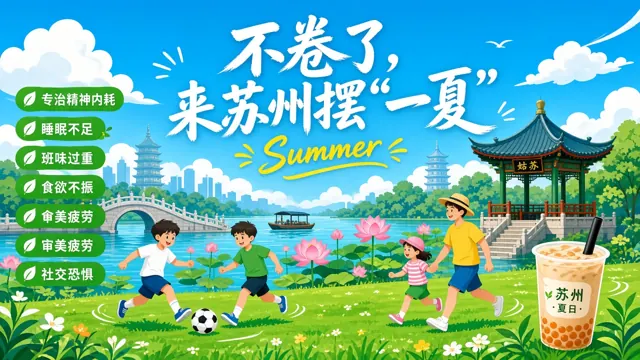 植物花卉 image example: 扁平矢量苏州夏日文旅插画海报