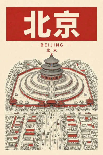 复古怀旧 image example: 极简线稿等距视角北京天坛旅行海报