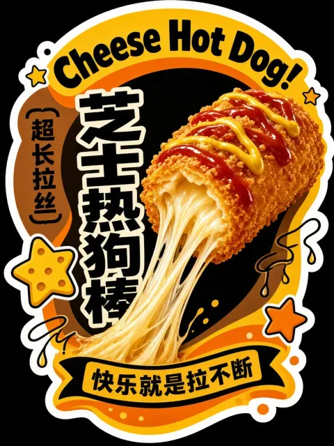 暗调氛围 image example: 异形贴纸风芝士热狗潮流小吃海报