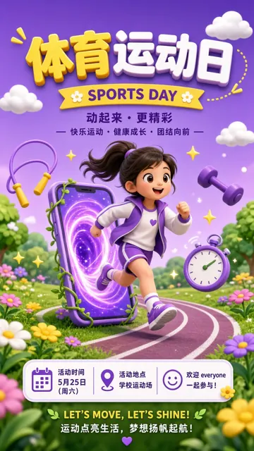 植物花卉 image example: 3D卡通女孩体育运动日海报