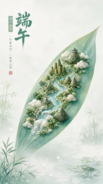 留白 image example: 青绿端午竹叶微观海报
