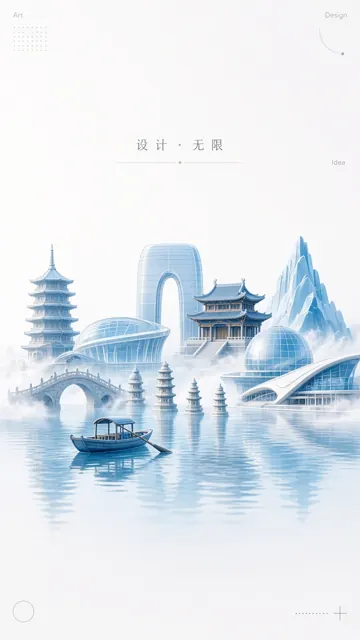 城市街景 image example: 杭州地标玻璃质感矢量插画